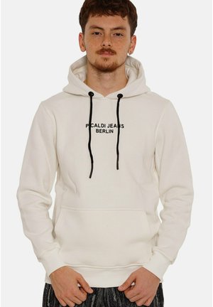 White hoodie made of soft material with a kangaroo pocket, black drawstrings, and printed text "P CALDI JEANS BERLIN" in black.