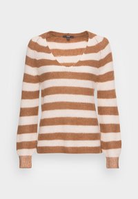 Gestrickter Pullover mit V-Ausschnitt, der abwechselnd hellbraune und weiße Streifen aufweist, aus strukturiertem Strickstoff gefertigt und mit gerippten Bündchen versehen.