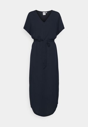 Abito midi blu navy con scollo a V, maniche corte e cintura annodata in vita, disegnato con un orlo arrotondato su sfondo uniforme.