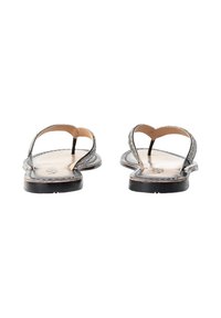 Sorte flade sandaler med et metallisk stropdesign. Læder indersål og ydersål. Åben tå stil med thong-design. Uden hæl.
