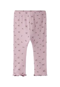Roze geribde legging met kleine bloemenprint, met een gerimpelde zoom en elastische tailleband. Zachte textuur, geschikt voor casual gedragen.