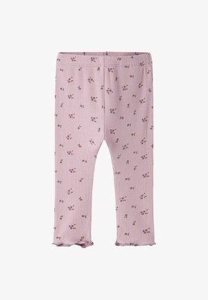 Roze geribde legging met kleine bloemenprint, met een gerimpelde zoom en elastische tailleband. Zachte textuur, geschikt voor casual gedragen.