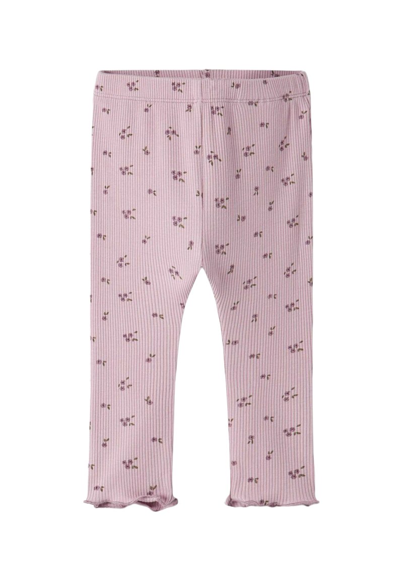 Roze geribde legging met kleine bloemenprint, met een gerimpelde zoom en elastische tailleband. Zachte textuur, geschikt voor casual gedragen.