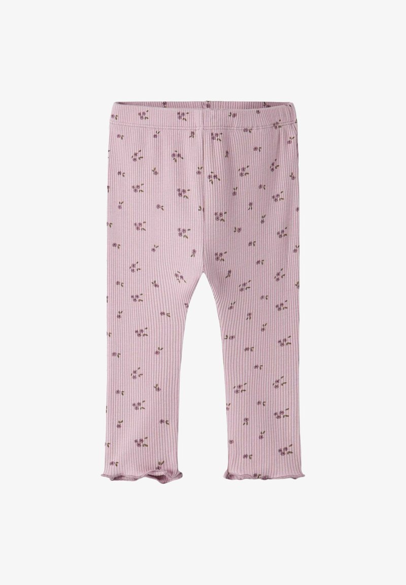 Roze geribde legging met kleine bloemenprint, met een gerimpelde zoom en elastische tailleband. Zachte textuur, geschikt voor casual gedragen.