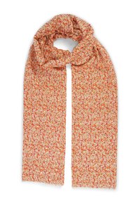 Oranje bloemen sjaal van een lichtgewicht, textuurstof met een herhalend patroon van kleine bloemen in wit en crème.