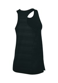 Schwarzes sportliches Tanktop mit gestreiftem Muster, ärmellosem Design und offenem Rücken. Verfügt über seitliche Schlitze für zusätzlichen Bewegungsspielraum und Komfort.