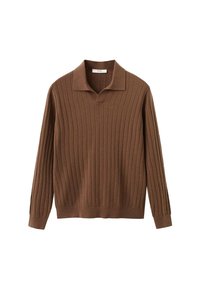 Maglione marrone a coste con colletto, realizzato in tessuto testurizzato e maniche lunghe, progettato con una vestibilità comoda e una leggera elasticità.