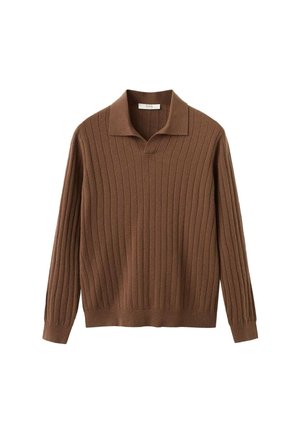 Maglione marrone a coste con colletto, realizzato in tessuto testurizzato e maniche lunghe, progettato con una vestibilità comoda e una leggera elasticità.