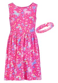 Różowa bawełniana sukienka bez rękawów z wzorem jednorożca i tęczy. Zestaw zawiera dopasowaną opaskę na głowę.