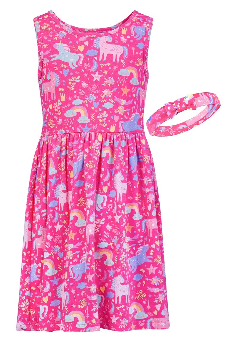 Różowa bawełniana sukienka bez rękawów z wzorem jednorożca i tęczy. Zestaw zawiera dopasowaną opaskę na głowę.