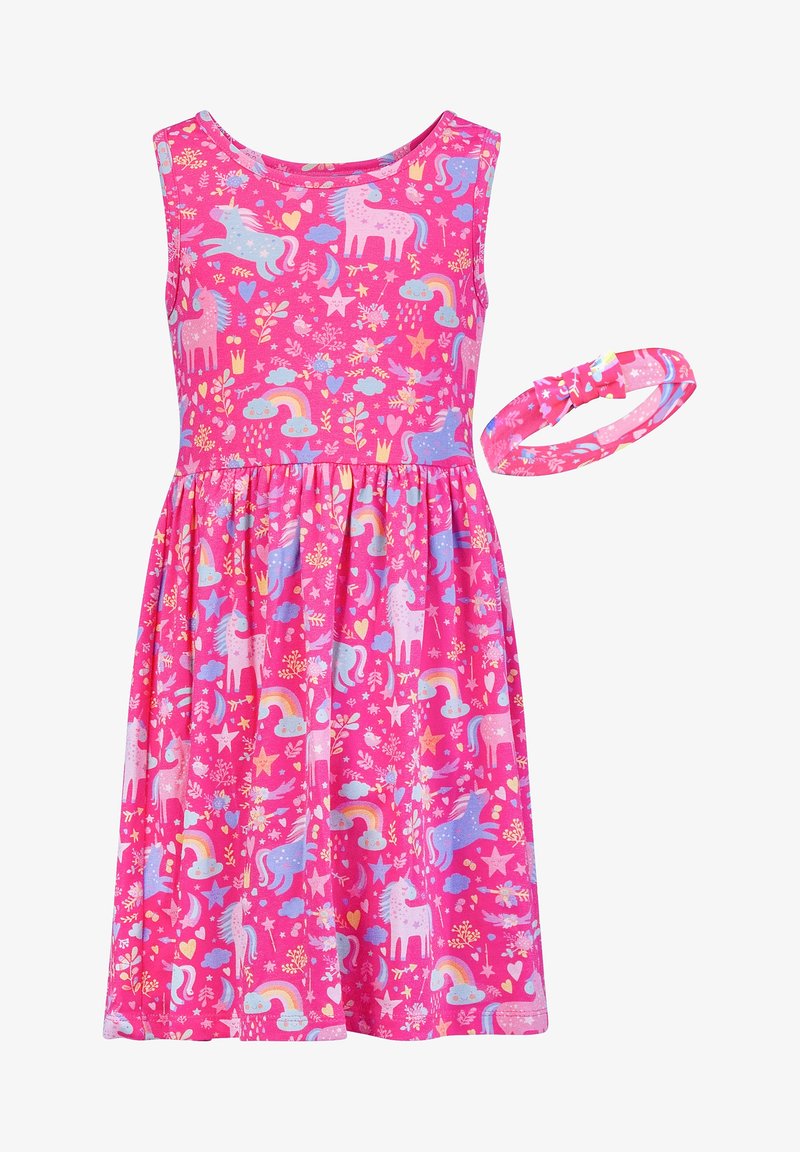 Różowa bawełniana sukienka bez rękawów z wzorem jednorożca i tęczy. Zestaw zawiera dopasowaną opaskę na głowę.