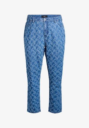 Blauwe spijkerbroek van denim met een visgraatpatroon, middelhoge taille, sluiting met knoop aan de voorkant en vijf-pocket ontwerp. De zoom is recht en cropped.