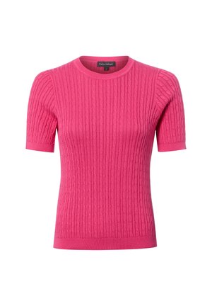 Helles pinkes, kurzärmeliges, gestricktes Sweatshirt mit rundem Ausschnitt und geripptem Zopfmuster.