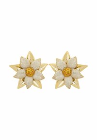 Pair of gold flower-shaped earrings with six white diamond-studded petals and a cluster of yellow gemstones in the center.