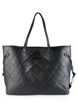 Musta nahkainen olkalaukku, jossa on tikattu timantinmuotoinen kuvio, painetut sydämet ja kirjaimet, kaksi olkahihnaa ja sivulla solkityksinäppärä yksityiskohta.