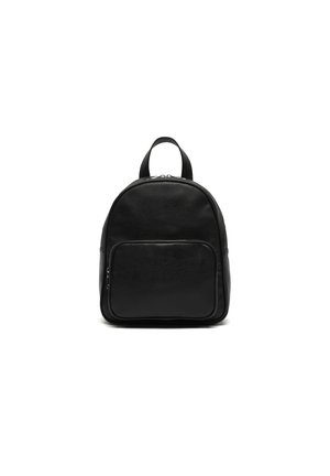 Black leather backpack with a rounded shape, textured surface, a top handle, and a front zippered pocket. Minimalist design and no visible hardware.