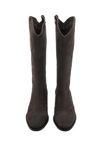 Botas altas de ante marrón con un acabado texturizado, puntera puntiaguda y costuras decorativas a lo largo de los lados. Cierre con cremallera en la parte trasera.