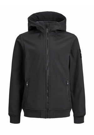 Musta huppari, joka on valmistettu softshell-materiaalista, jossa on koko etuvetoketju, kaksi sivutaskua vetoketjuilla sekä ribbireunat hihansuissa ja helmassa.