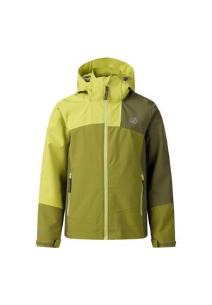 Grün-gelbe Outdoor-Kapuzenjacke mit Frontreißverschluss und seitlichen Reißverschlusstaschen, für kaltes Wetter entwickelt.