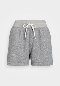 Grå bomullsshorts med en strukturerad elastisk midja, som har en dragsko för justering och en rak fåll.