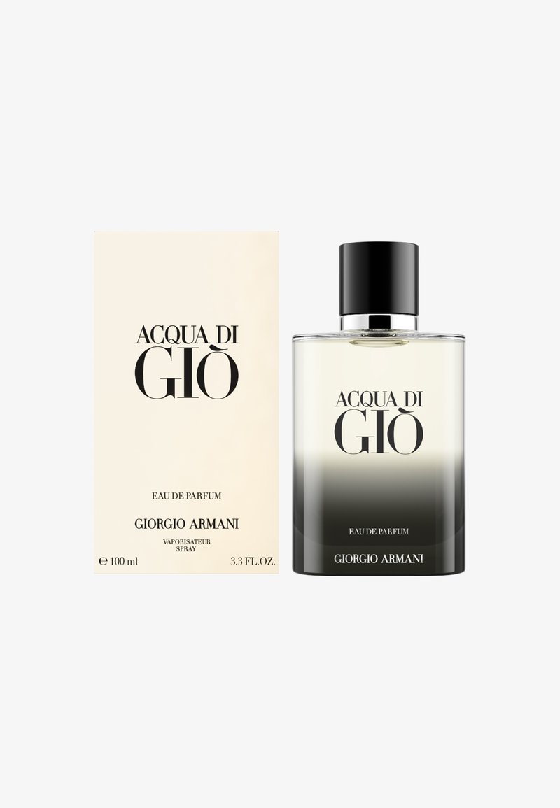 Acqua di Giò Eau de Parfum 100ml di Giorgio Armani, flacone nero trasparente sfumato con tappo nero e confezione crema abbinata.