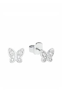Silberne Schmetterling-Stud-Ohrstecker mit klaren Rhinestones. Das Design ist in Form eines Schmetterlings mit glitzernden Akzenten gestaltet. Vorderansicht.