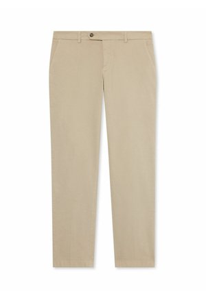 Beige Chinos mit geradem Bein, aus leichtem Stoff gefertigt, mit Seitentaschen und einer vorderen Knopfleiste. Glatte Textur.