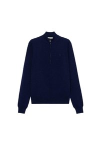 Mörkblå zip-up cardigan i texturerat stickat material, med hög krage och långa ärmar med åtsittande manschetter. Minimalistisk design.