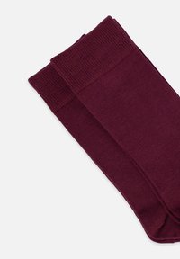 Burgundin väriset puuvillasukat, joissa on ribbireuna. Silkkinen pinta ja tasainen muoto, taiteltu siististi ilman näkyviä kuvioita tai yksityiskohtia.