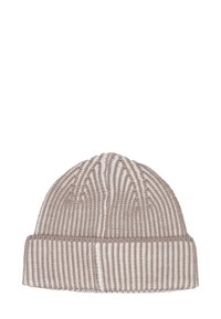 Cappellino lavorato a maglia a righe marrone chiaro e bianco. Presenta un risvolto e un tessuto strutturato per calore e comfort.