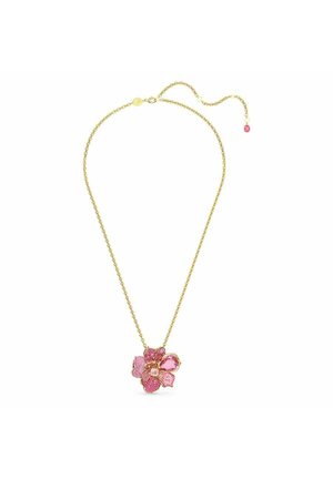 Goldene Halskette mit einem rosa Blumenanhänger, der filigrane Blütenblattdetails und kleine Edelsteinakzente aufweist.