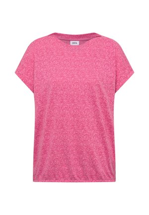 Rosa Kurzarmbluse mit dezentem Blättermuster und rundem Ausschnitt, innen am Kragen mit "Cecil" gekennzeichnet.