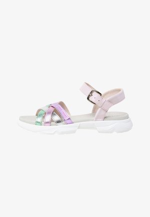 Mehrfarbige Sandalen mit pinken, grünen und lila metallischen Riemen und einer weißen, massiven Sohle. Verstellbarer Knöchelriemen mit Schnallenverschluss.