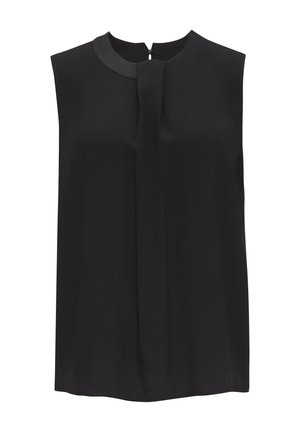 Schwarze ärmellose Bluse mit Rundhalsausschnitt, Falten-Detail vorne und einem kleinen Verschluss auf der Rückseite. Glatte Textur und einfaches Design.