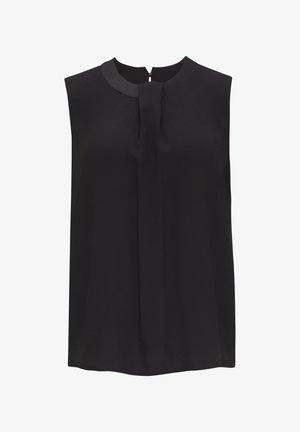 Schwarze ärmellose Bluse mit Rundhalsausschnitt, Falten-Detail vorne und einem kleinen Verschluss auf der Rückseite. Glatte Textur und einfaches Design.