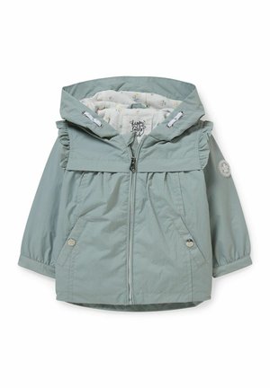 Veste enfant à capuche vert clair avec fermeture éclair sur le devant, poches latérales avec boutons et doublure intérieure fleurie visible à l'intérieur de la capuche.
