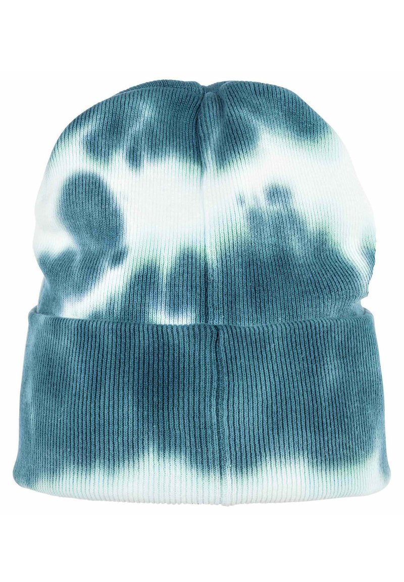 Zimowa czapka splotu z wzorem tie-dye w odcieniach zieleni i bieli, z ryflowaną teksturą i zwiniętym mankietem. Idealna na casualowe okazje w chłodniejsze dni.