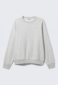 Light grey, long-sleeve crewneck sweatshirt with ribbed cuffs and hem, displayed flat against a plain white background.