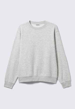 Light grey, long-sleeve crewneck sweatshirt with ribbed cuffs and hem, displayed flat against a plain white background.