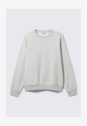 Light grey, long-sleeve crewneck sweatshirt with ribbed cuffs and hem, displayed flat against a plain white background.
