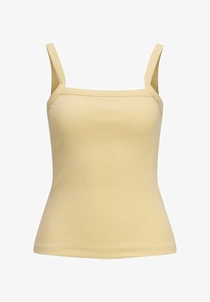 Débardeur jaune à côtes avec des bretelles fines, design ajusté et ourlet droit. Le tissu semble doux avec une légère texture.