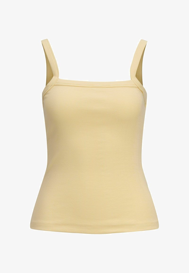 Débardeur jaune à côtes avec des bretelles fines, design ajusté et ourlet droit. Le tissu semble doux avec une légère texture.