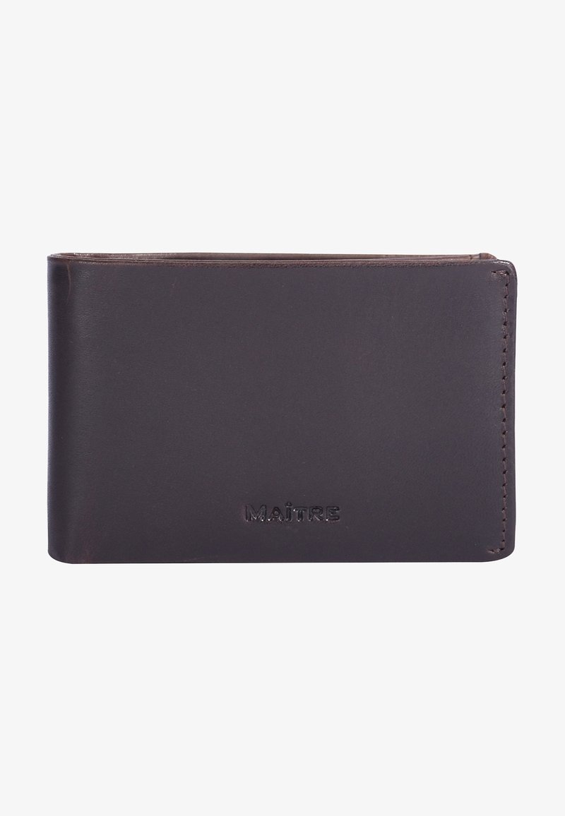 Mørk læderpung med en glat overflade, rektangulær form og prægede "MAÎTRE"-logo på fronten. Kanterne er syet.