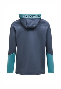 Hættepullover i mørkegrå med teal-accenter på ærmerne. Har et logobånd ved halsudskæringen og et glat, struktureret stof.