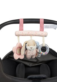 Hanging toy attachment for car seat, featuring a pink floral strap, soft bunny plush, flower shape, and a clear ring with beads.