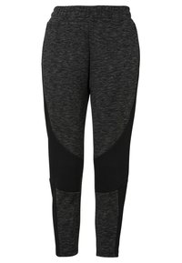 Black and dark gray athletic pants with a blended texture, elastic waistband, and padded sections on the sides for added comfort.