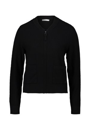 Sort cardigan med en struktureret finish, lynlås lukning, to forlommer og ribbede manchetter, med krave og minimal branding detalje.
