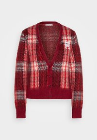 Cardigan en tartan rouge et gris avec un col en V, des manches longues et une fermeture à boutons. Présente un motif texturé et un détail de logo brodé.