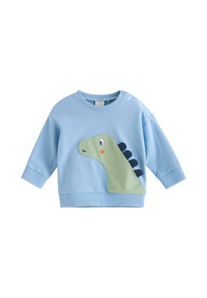 Lyseblå hættetrøje til småbørn med en smilende grøn dinosaur grafik foran og lange ærmer.