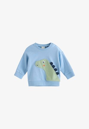 Lyseblå hættetrøje til småbørn med en smilende grøn dinosaur grafik foran og lange ærmer.